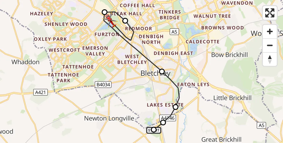 Flight route Air Ambulance Helicopter Stoke Hammond - Bletchley, 21 August 2026, 16:38