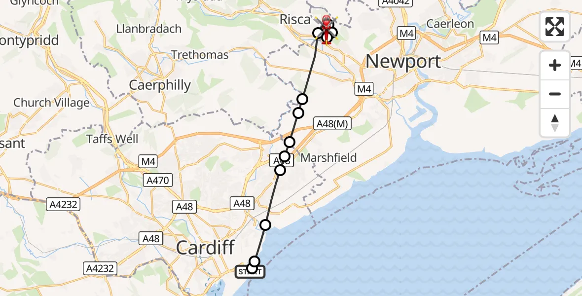Flight route Air Ambulance Helicopter Cardiff Heliport - Risca, 21 August 2026, 16:59