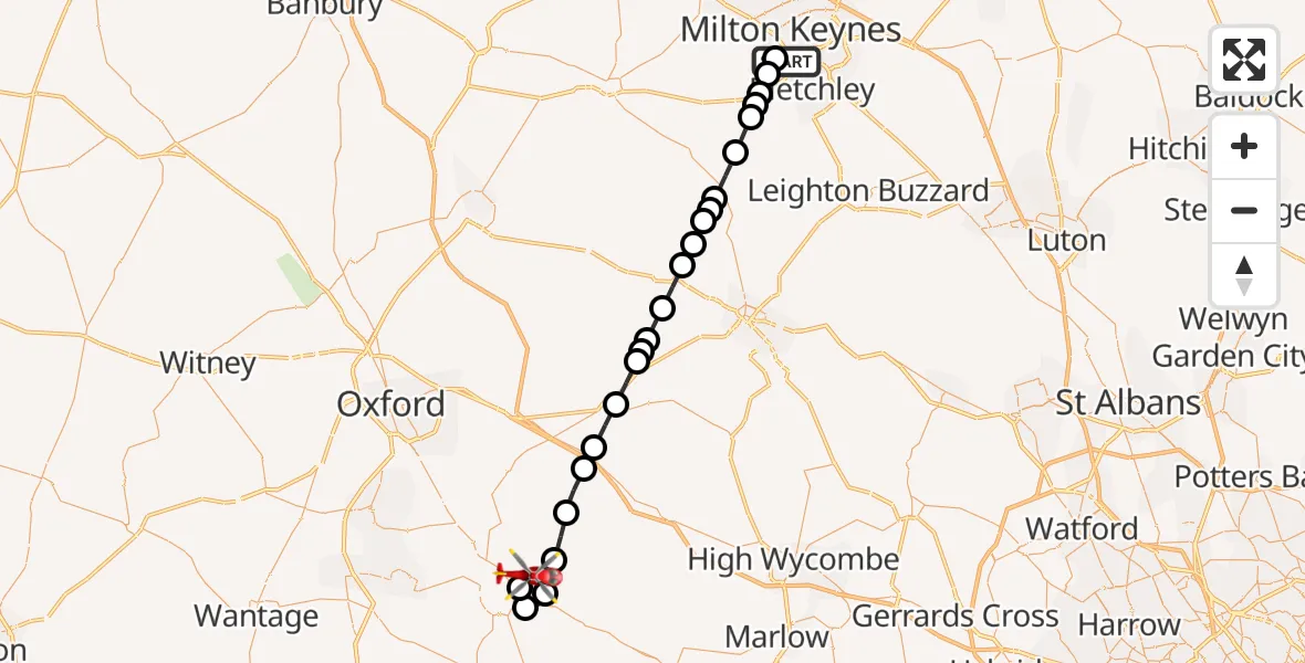 Flight route Air Ambulance Helicopter Bletchley - RAF Benson, 21 August 2026, 17:05