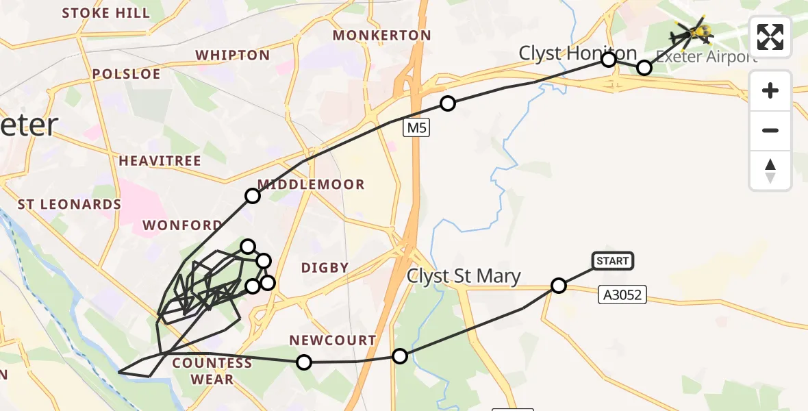 Flight route Police Helicopter East Devon - Exeter International Airport, 21 August 2026, 17:16