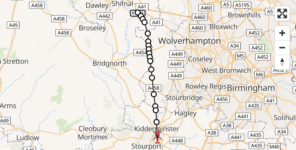 Flight route Air Ambulance Helicopter RAF Cosford - Kidderminster, 21 August 2026, 17:31
