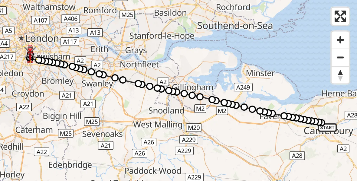 Flight route Air Ambulance Helicopter Harbledown - Kings College London Hospital, 21 August 2026, 17:38