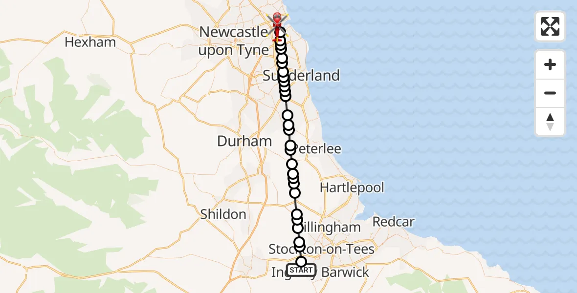 Flight route Air Ambulance Helicopter Egglescliffe - North Shields, 21 August 2026, 17:55