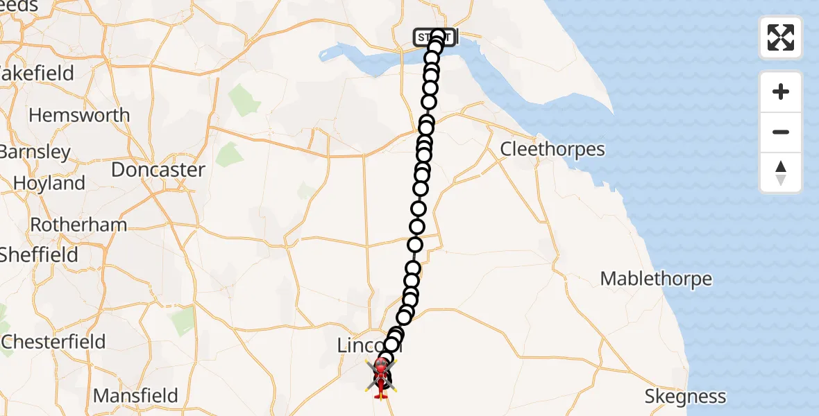 Flight route Air Ambulance Helicopter Hull Royal Infirmary - North Kesteven, 21 August 2026, 17:56