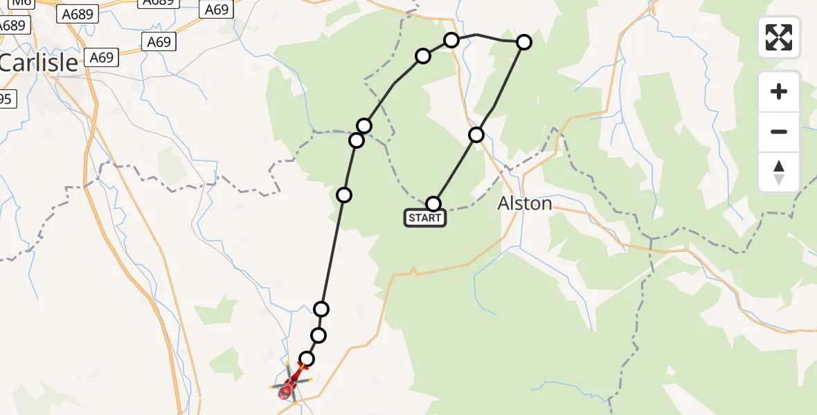 Flight route Air Ambulance Helicopter Alston Moor - Langwathby, 21 August 2026, 18:16