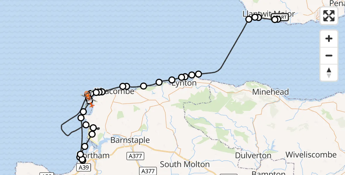 Flight route Coastguard Helicopter MOD St Athan - Mortehoe, 21 August 2026, 18:16