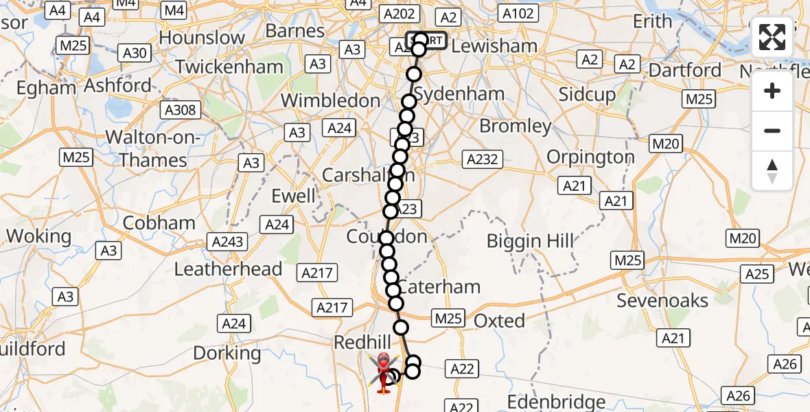 Flight route Air Ambulance Helicopter Kings College London Hospital - Redhill Aerodrome, 21 August 2026, 18:20