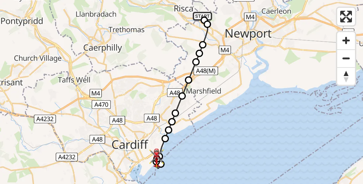Flight route Air Ambulance Helicopter Risca - Cardiff Heliport, 21 August 2026, 18:21