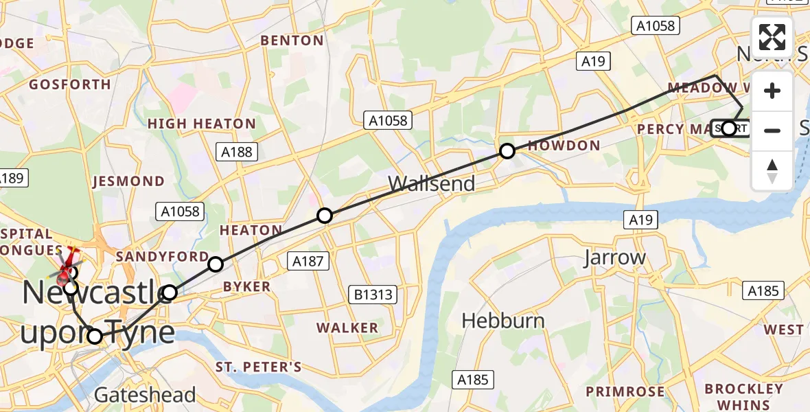Flight route Air Ambulance Helicopter North Shields - Newcastle Royal Victoria Infirmary, 21 August 2026, 18:27