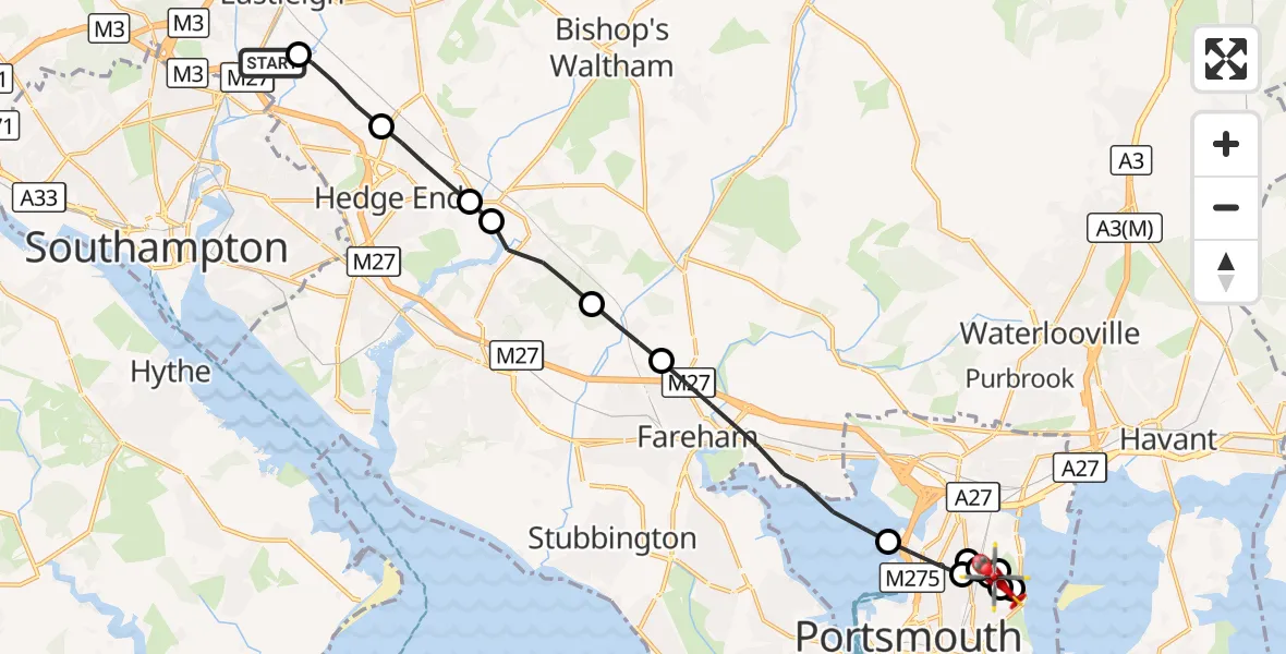 Flight route Air Ambulance Helicopter Southampton Airport - Copnor, 21 August 2026, 18:32