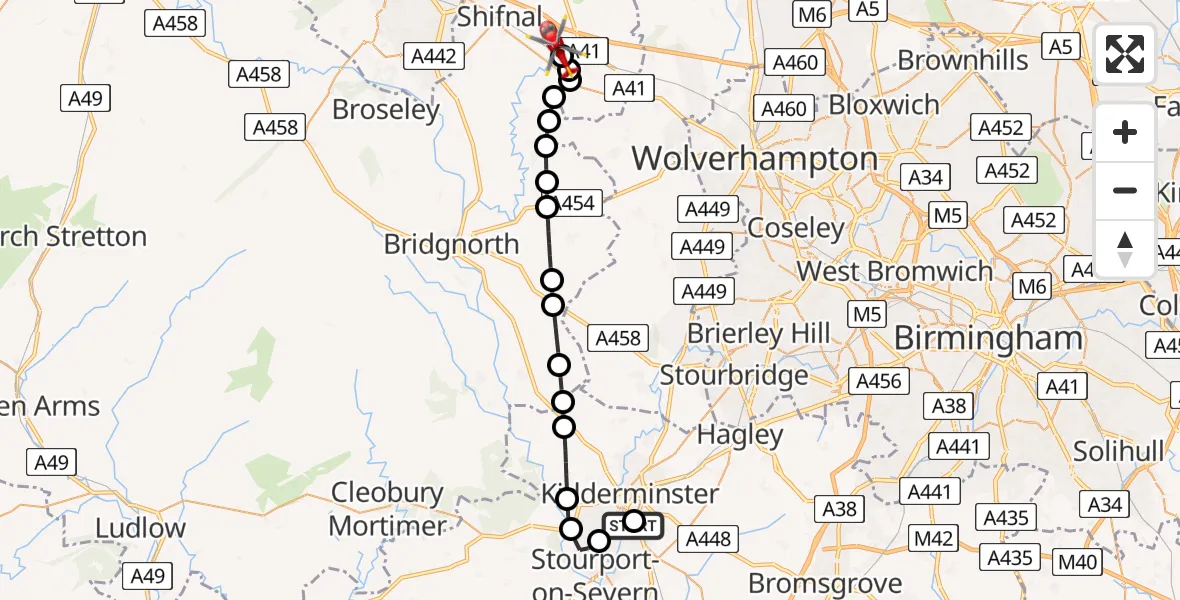 Flight route Air Ambulance Helicopter Kidderminster - Shifnal, 21 August 2026, 18:37