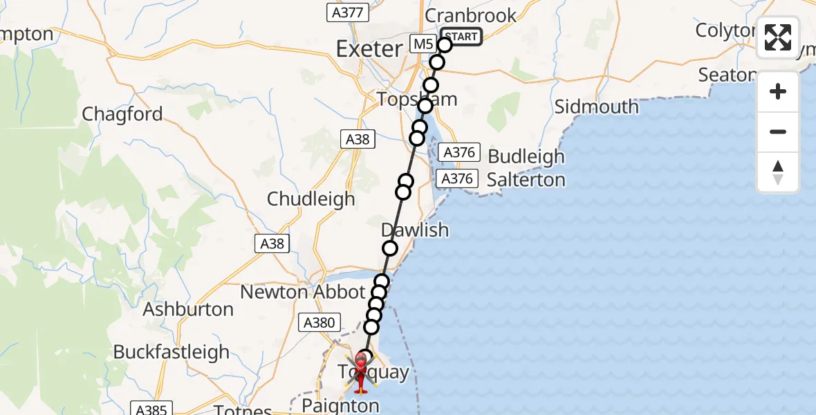 Flight route Air Ambulance Helicopter Exeter International Airport - Torquay, 21 August 2026, 18:39