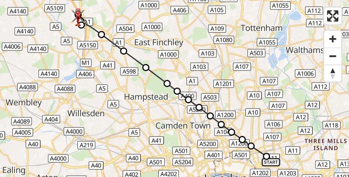 Flight route Air Ambulance Helicopter Royal London Hospital - Hendon Aerodrome, 21 August 2026, 18:49