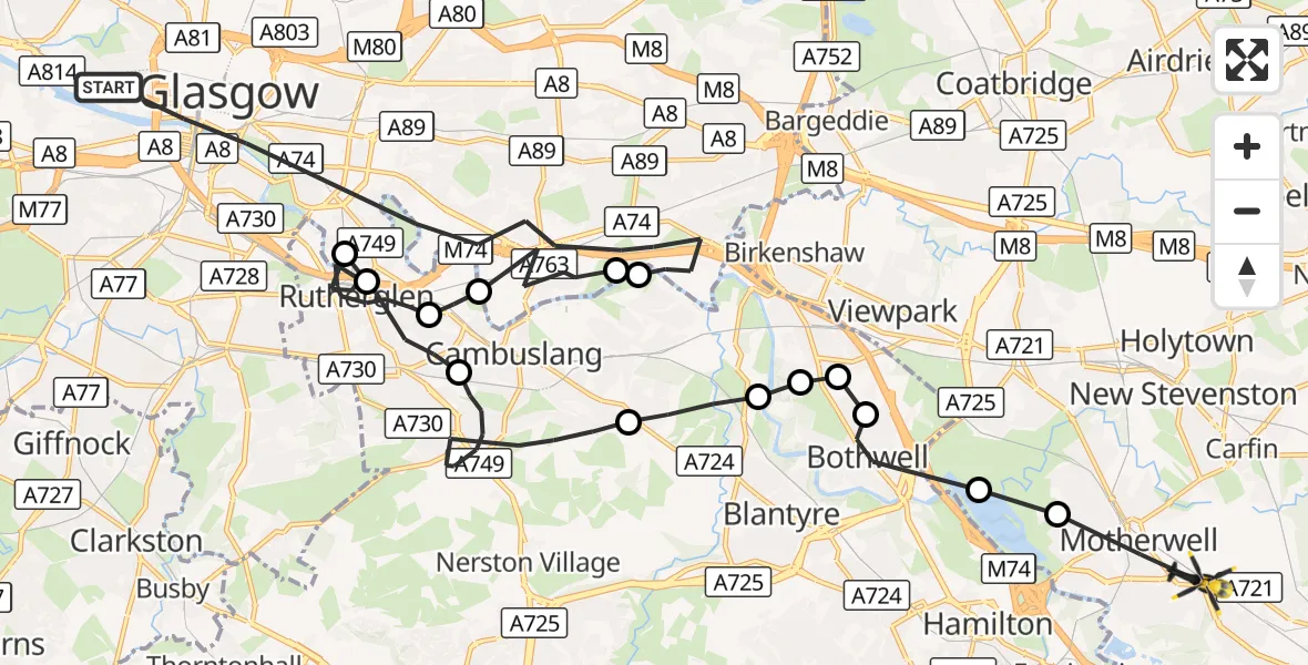 Flight route Police Helicopter Glasgow - Motherwell, 21 August 2026, 18:59