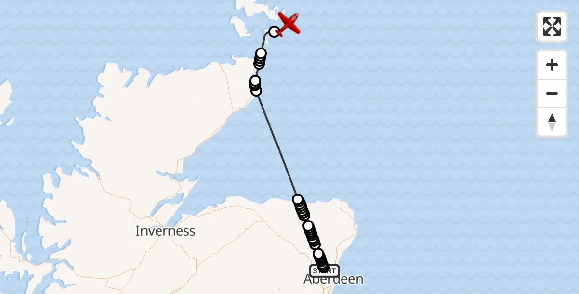 Flight route Air Ambulance Aircraft Aberdeen International Airport - North Sea, 21 August 2026, 19:06