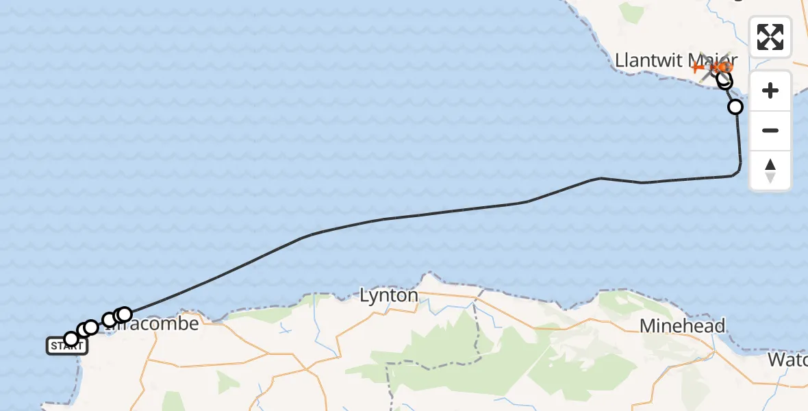 Flight route Coastguard Helicopter Mortehoe - MOD St Athan, 21 August 2026, 19:15