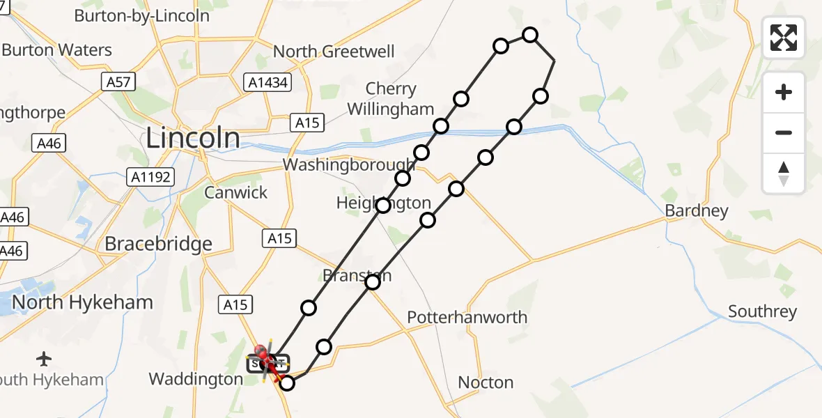 Flight route Air Ambulance Helicopter RAF Waddington - North Kesteven, 21 August 2026, 19:16