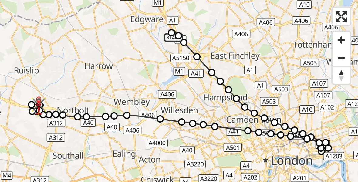 Flight route Air Ambulance Helicopter Hendon Aerodrome - RAF Northolt, 21 August 2026, 19:23