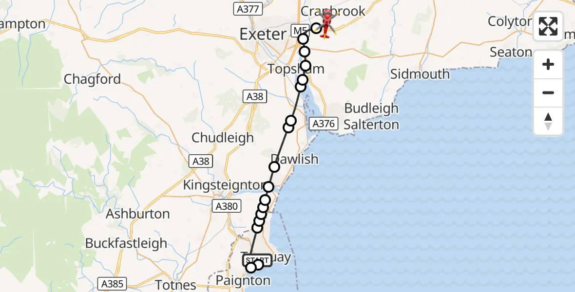 Flight route Air Ambulance Helicopter Torquay - Exeter International Airport, 21 August 2026, 19:34