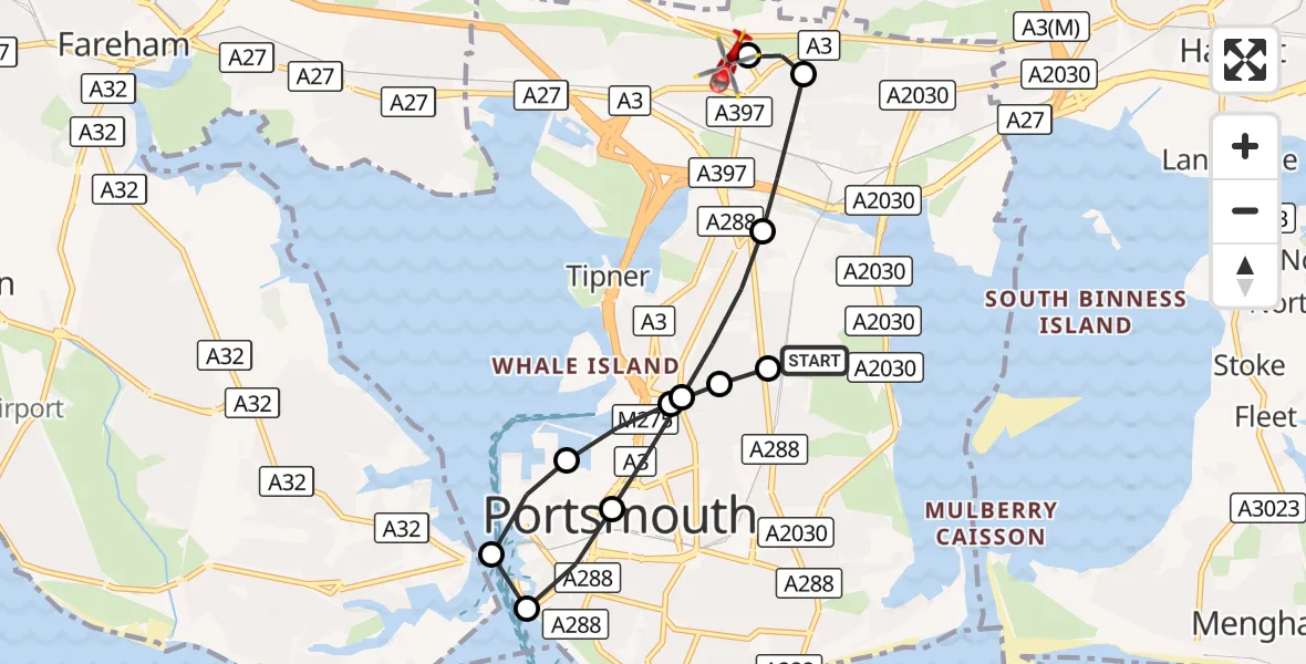 Flight route Air Ambulance Helicopter Anchorage Park - Queen Alexandra Hospital, 21 August 2026, 19:44