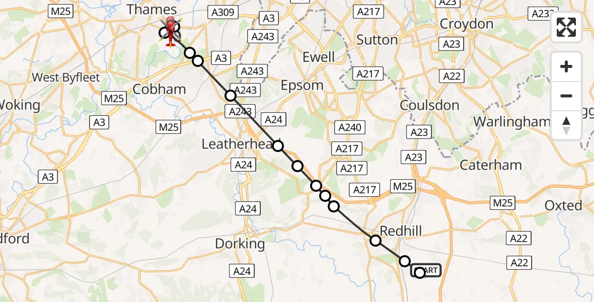 Flight route Air Ambulance Helicopter Redhill Aerodrome - West End, 21 August 2026, 20:02