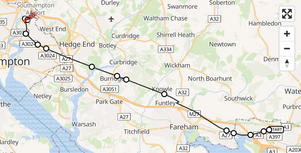 Flight route Air Ambulance Helicopter Queen Alexandra Hospital - Mansbridge, 21 August 2026, 20:06