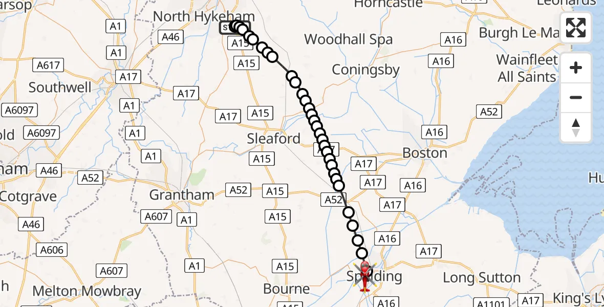 Flight route Air Ambulance Helicopter RAF Waddington - Spalding, 21 August 2026, 20:21