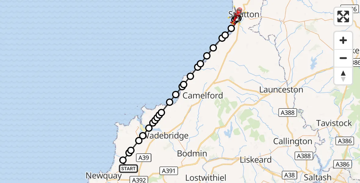 Flight route Air Ambulance Helicopter Cornwall Airport Newquay - Bude, 21 August 2026, 20:37