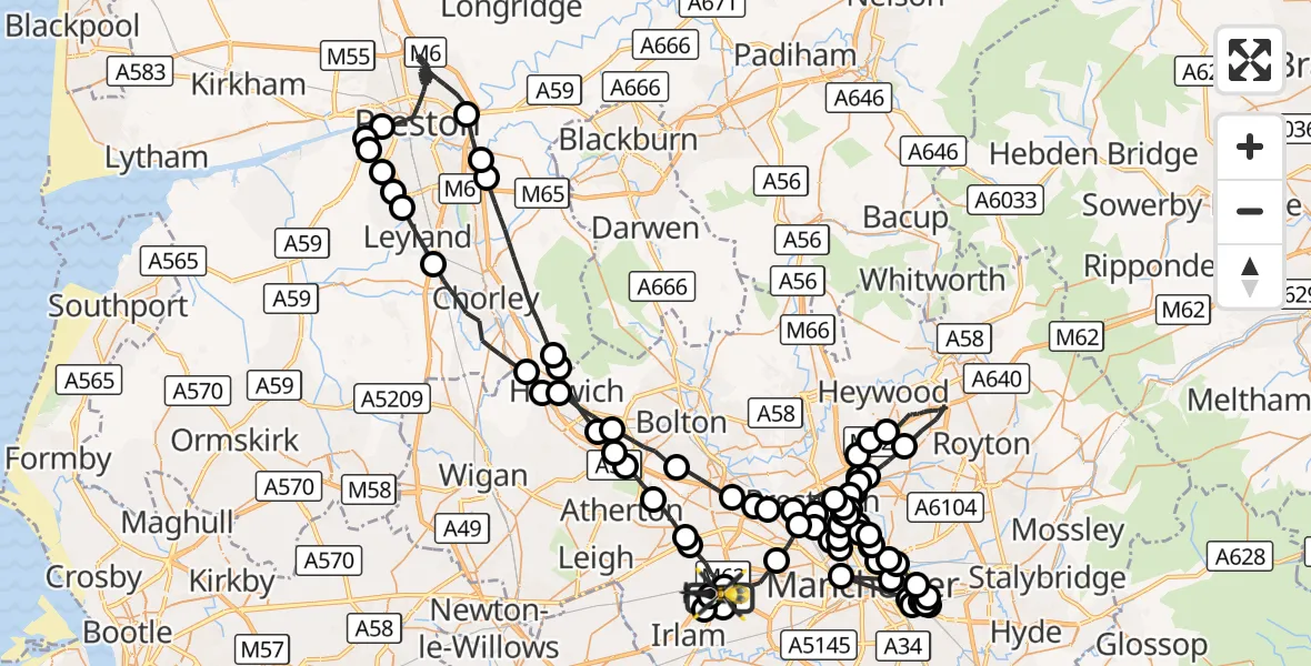 Flight route Police Helicopter Manchester Barton Aerodrome - Irlam, 21 August 2026, 20:37