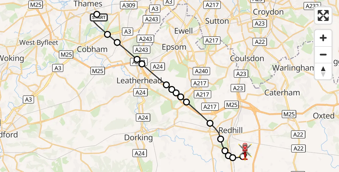 Flight route Air Ambulance Helicopter West End - Redhill Aerodrome, 21 August 2026, 20:58