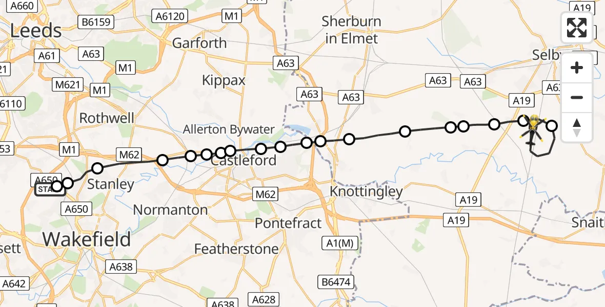 Flight route Police Helicopter Wrenthorpe - Burn, 21 August 2026, 21:23