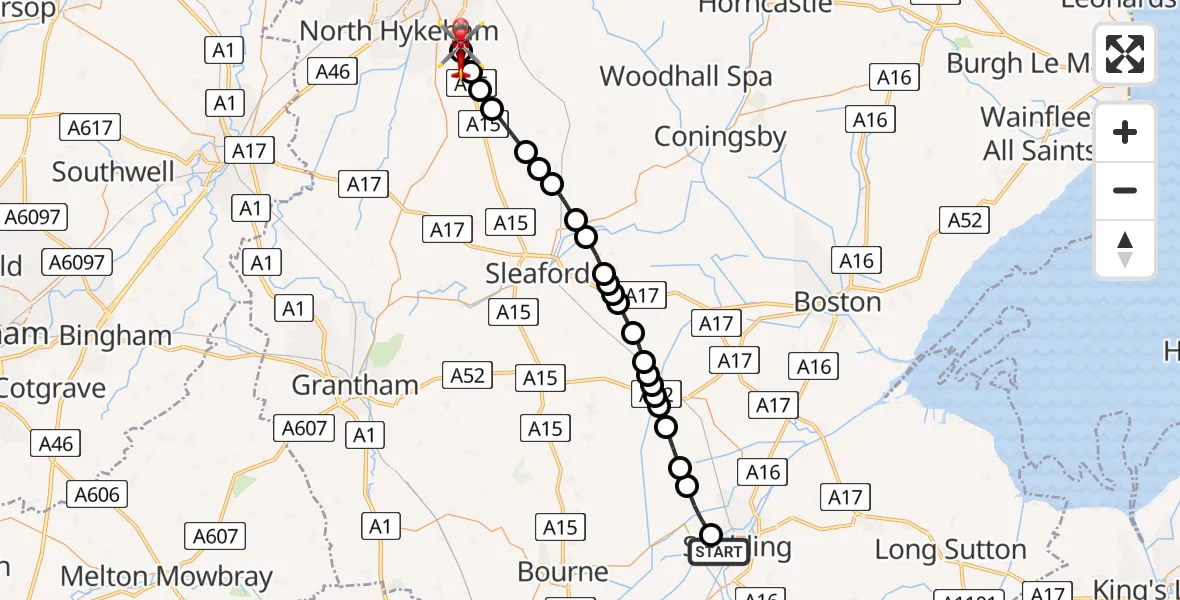 Flight route Air Ambulance Helicopter Spalding - North Kesteven, 21 August 2026, 21:36