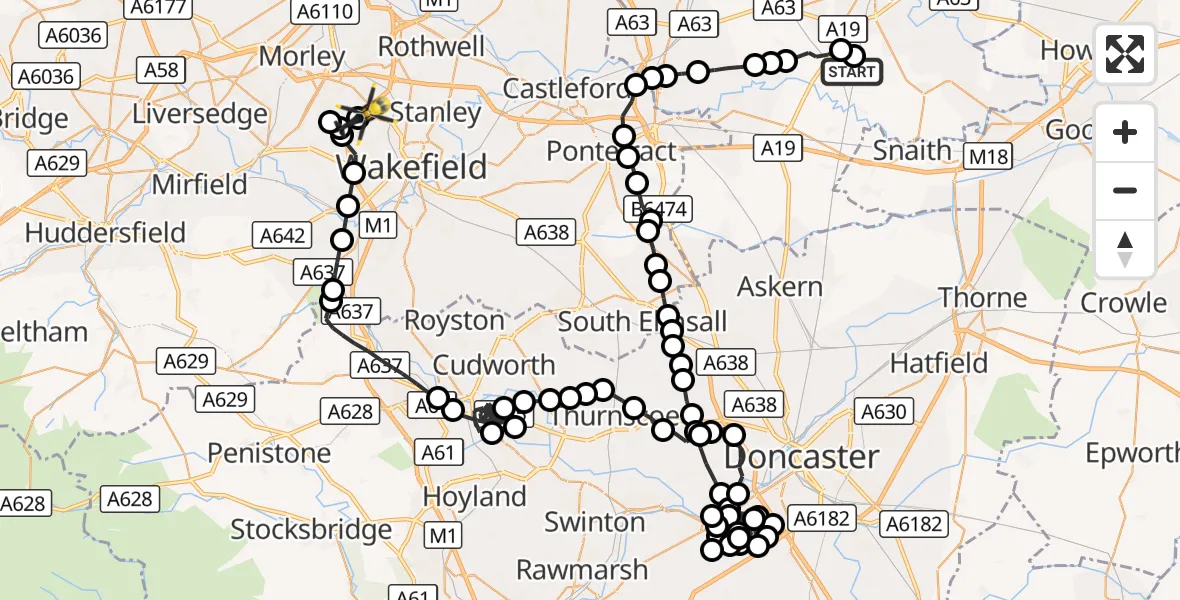 Flight route Police Helicopter Burn - East Ardsley, 21 August 2026, 21:38