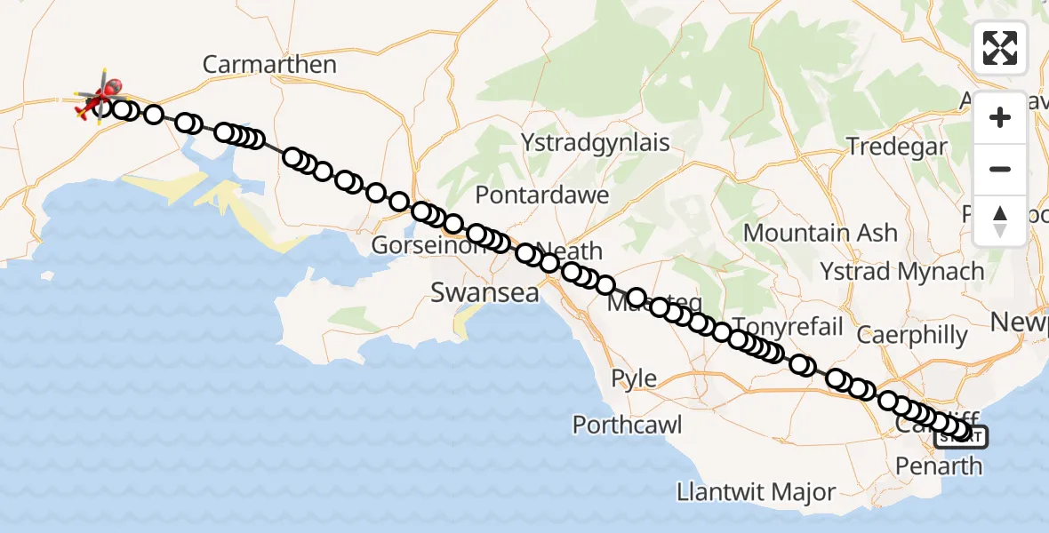 Flight route Air Ambulance Helicopter Cardiff Heliport - Whitland, 21 August 2026, 21:40