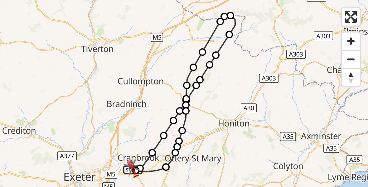 Flight route Air Ambulance Helicopter Exeter International Airport - Exeter International Airport, 21 August 2026, 21:41