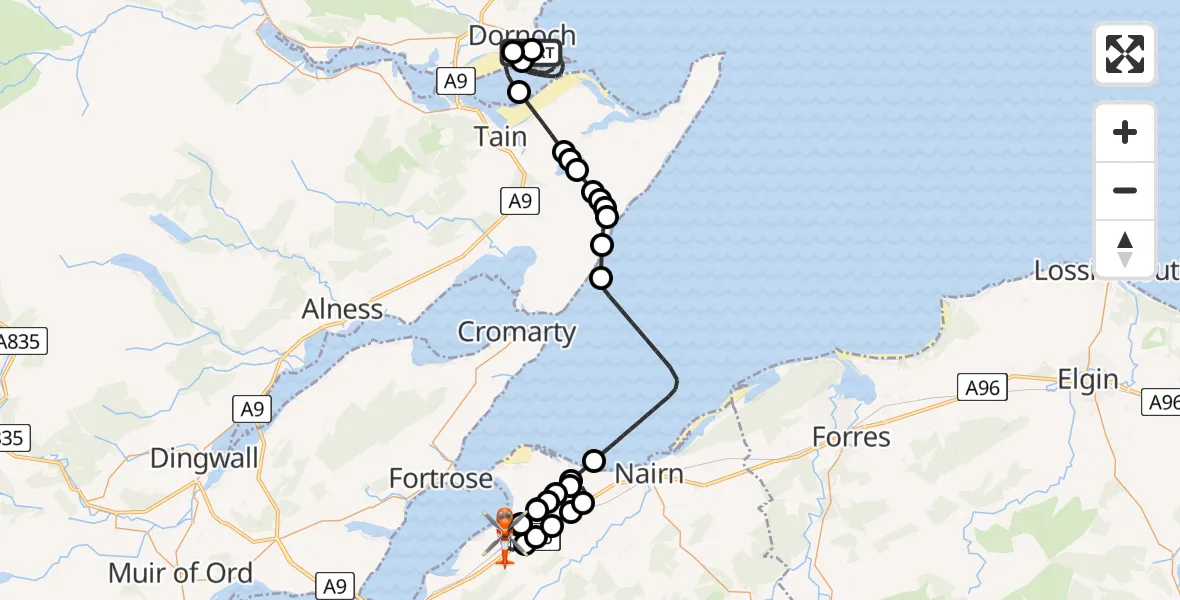 Flight route Coastguard Helicopter Dornoch Airfield - Inverness Airport, 21 August 2026, 21:43