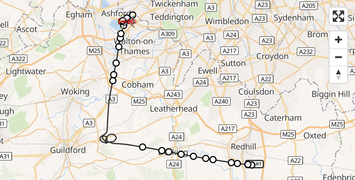 Flight route Air Ambulance Helicopter Redhill Aerodrome - Charlton, 21 August 2026, 22:26