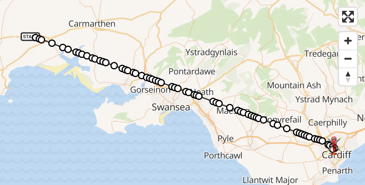 Flight route Air Ambulance Helicopter Whitland - Gabalfa, 21 August 2026, 23:55