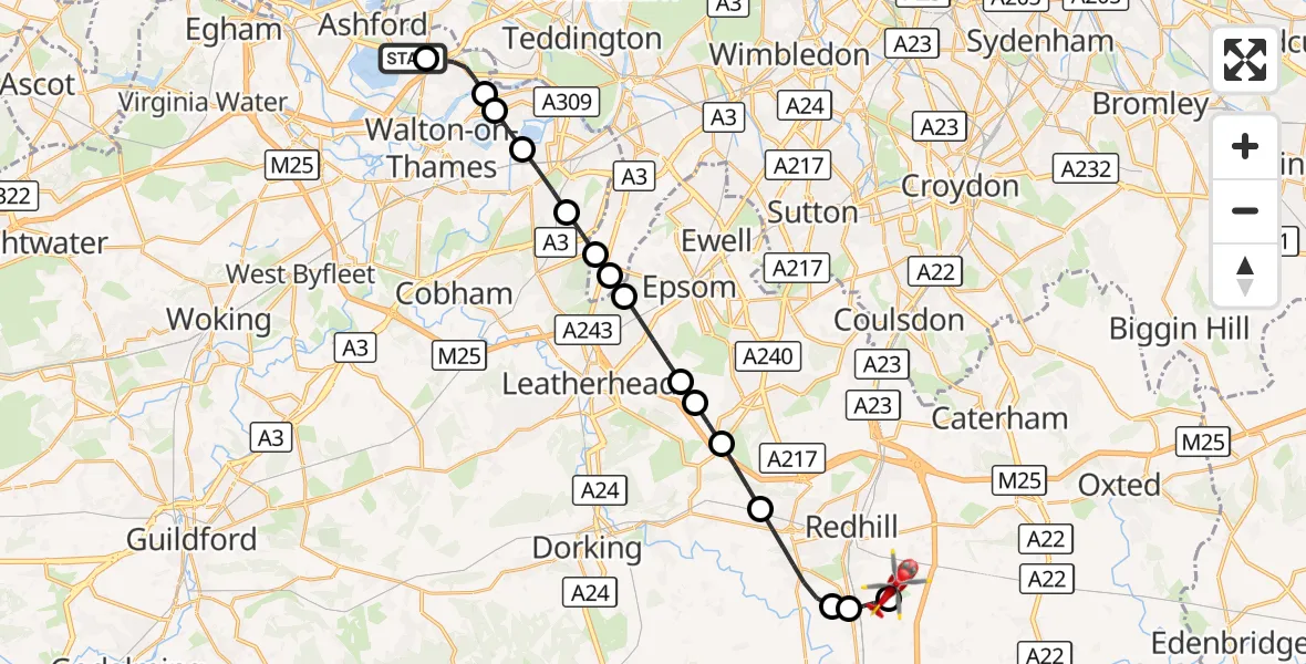 Flight route Air Ambulance Helicopter Charlton - Redhill Aerodrome, 22 August 2026, 00:14