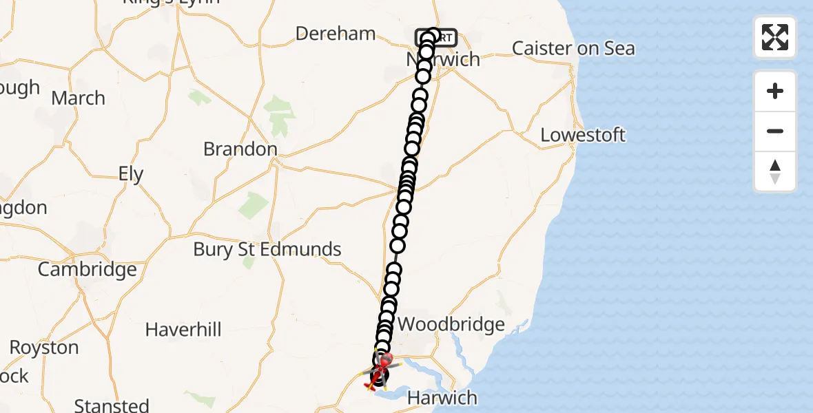 Flight route Air Ambulance Helicopter Norwich Airport - Bentley, 22 August 2026, 01:19