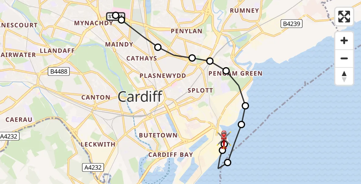 Flight route Air Ambulance Helicopter Birchgrove - Cardiff Heliport, 22 August 2026, 02:02
