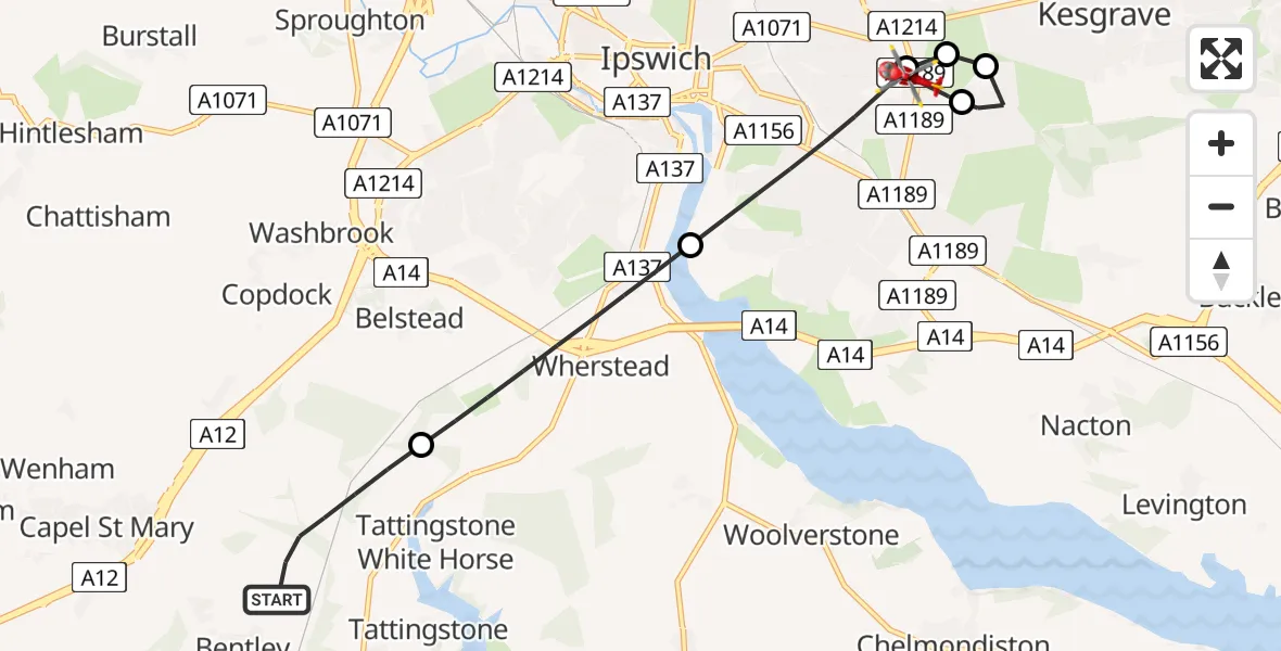 Flight route Air Ambulance Helicopter Bentley - Ipswich, 22 August 2026, 02:22