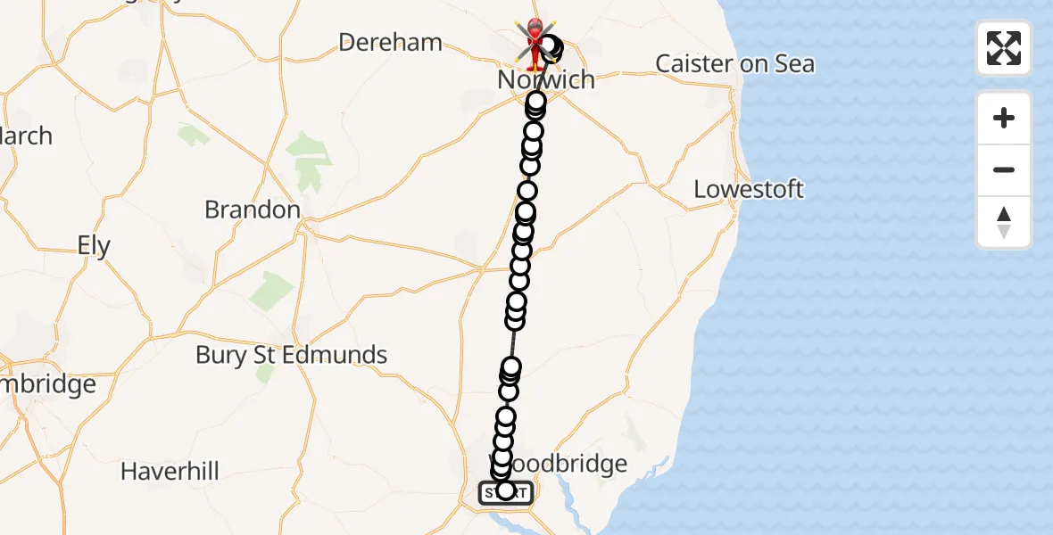 Flight route Air Ambulance Helicopter Ipswich Hospital - Norwich Airport, 22 August 2026, 02:56