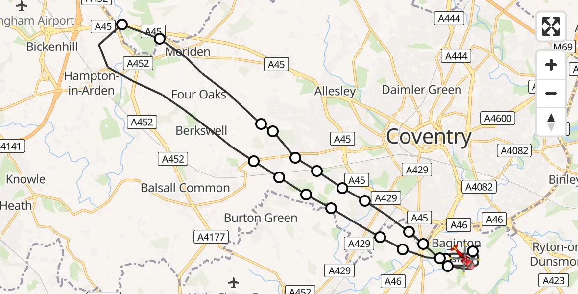 Flight route Air Ambulance Helicopter Coventry Airport - Warwick, 22 August 2026, 06:18