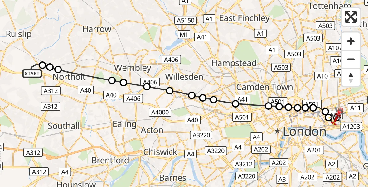 Flight route Air Ambulance Helicopter RAF Northolt - Royal London Hospital, 22 August 2026, 06:45