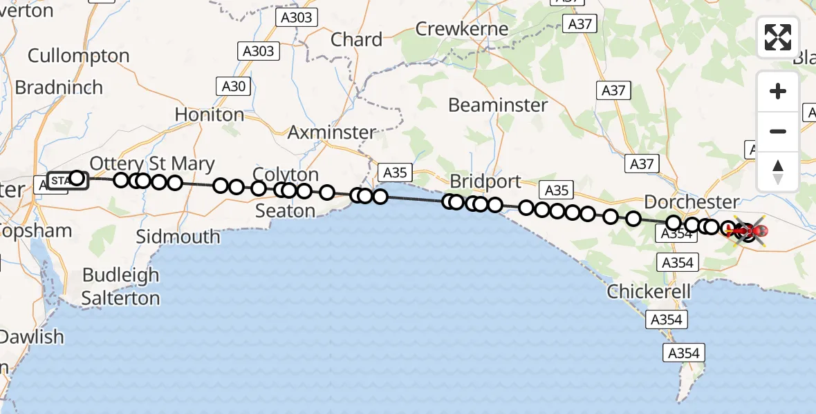 Flight route Air Ambulance Helicopter Exeter International Airport - Warmwell, 22 August 2026, 07:25