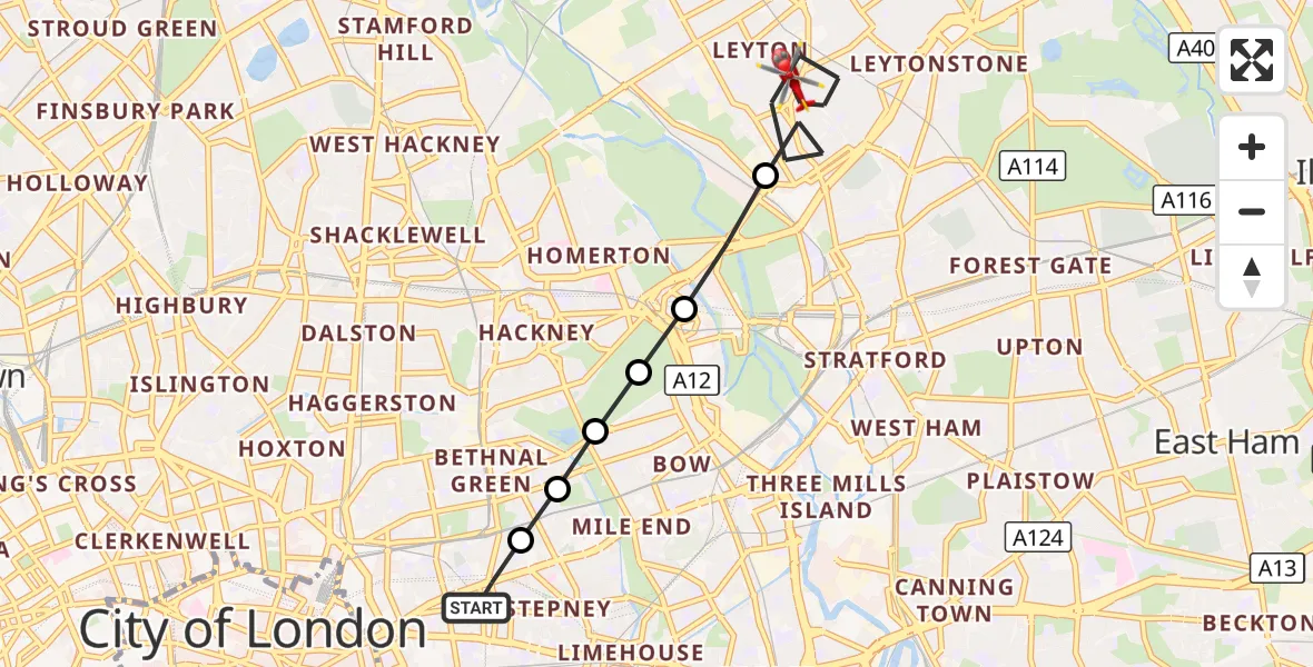 Flight route Air Ambulance Helicopter Royal London Hospital - Leyton, 22 August 2026, 07:36