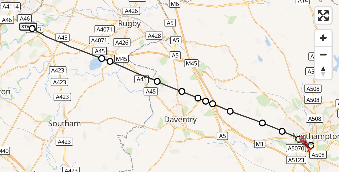 Flight route Air Ambulance Helicopter Rugby - Northampton, 22 August 2026, 07:52