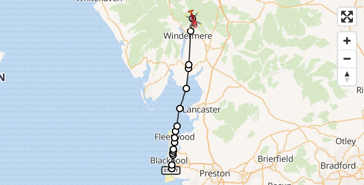 Flight route Air Ambulance Helicopter Blackpool Airport - Kentmere, 22 August 2026, 08:20