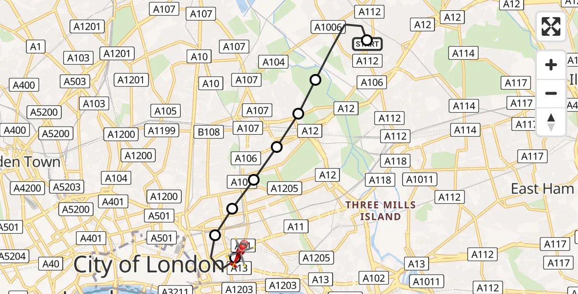 Flight route Air Ambulance Helicopter Leyton - Royal London Hospital, 22 August 2026, 08:25